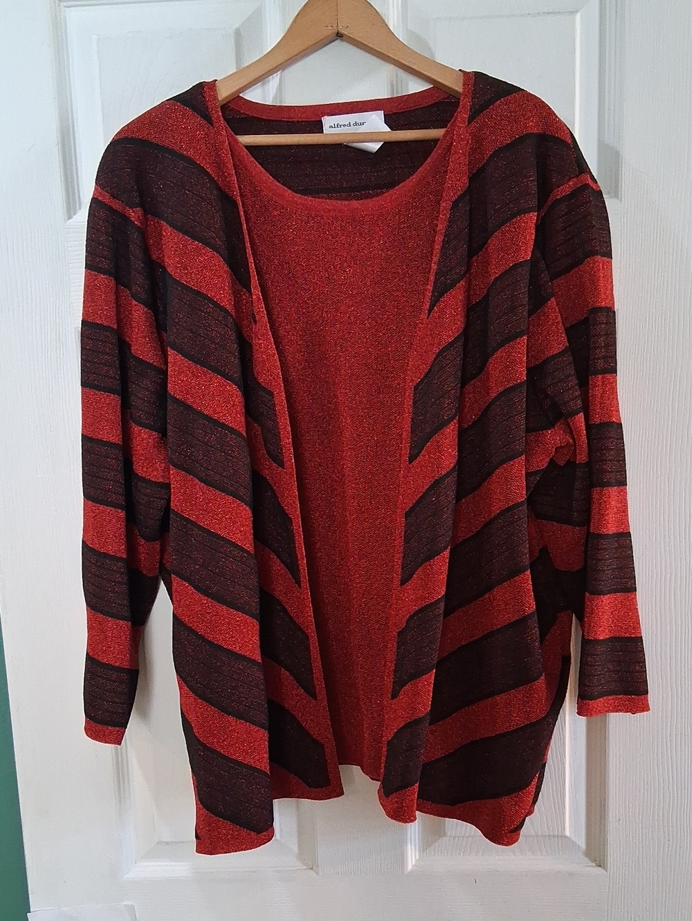 Alfred Dunner Women's Red & Black Striped Open Cardigan Sweater Attached Set